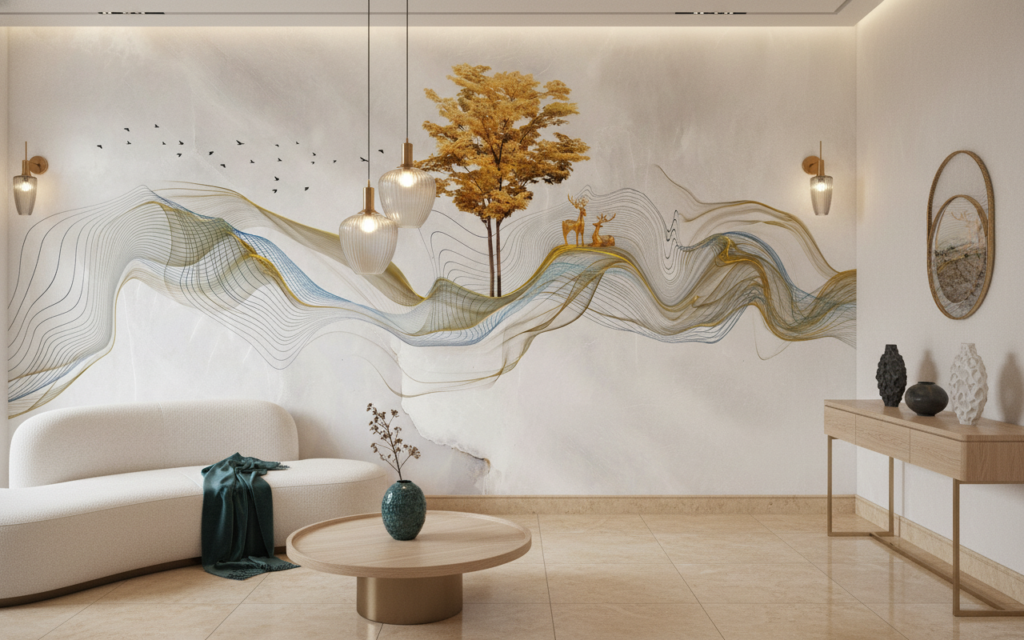 Papier Peint Paysage Abstrait Doré avec Arbre et Cerfs Stylisés - Hôtel