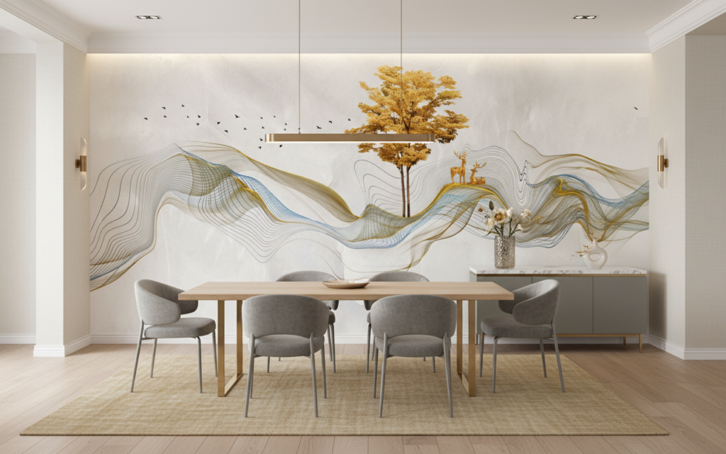 Papier Peint Paysage Abstrait Doré avec Arbre et Cerfs Stylisés - Salle à manger