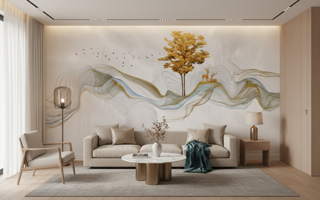 Papier Peint Paysage Abstrait Doré avec Arbre et Cerfs Stylisés - Salon / Séjour