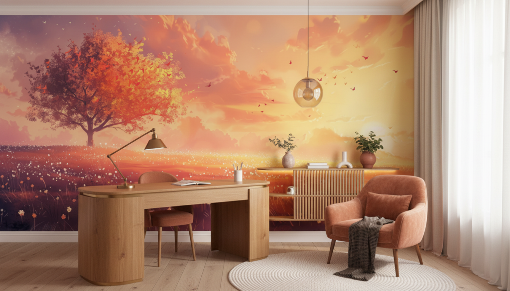 Papier peint paysage automnal coucher de soleil arbre doré romantique - Bureau