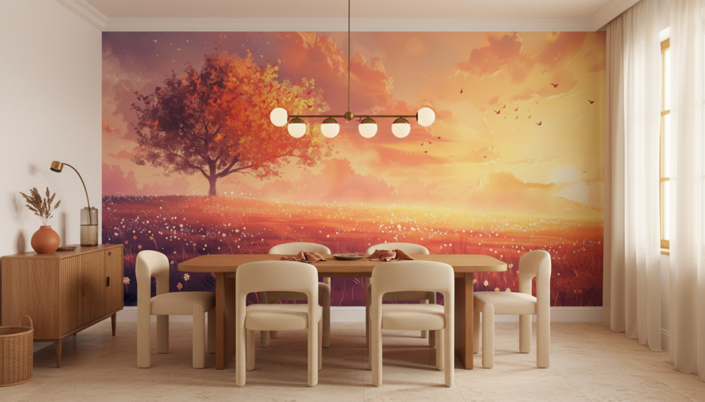 Papier peint paysage automnal coucher de soleil arbre doré romantique - Salle à manger