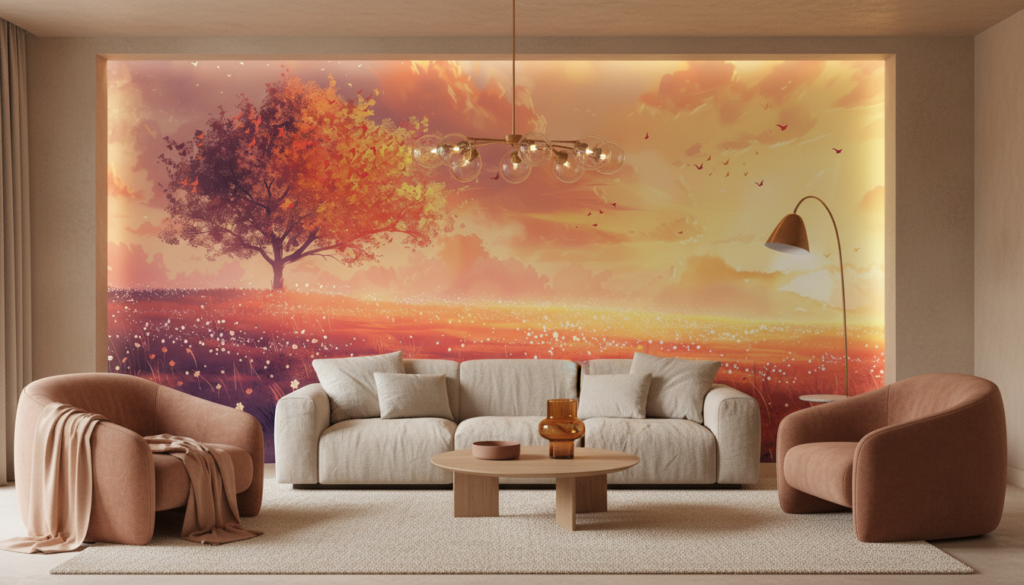 Papier peint paysage automnal coucher de soleil arbre doré romantique - Salon / Séjour