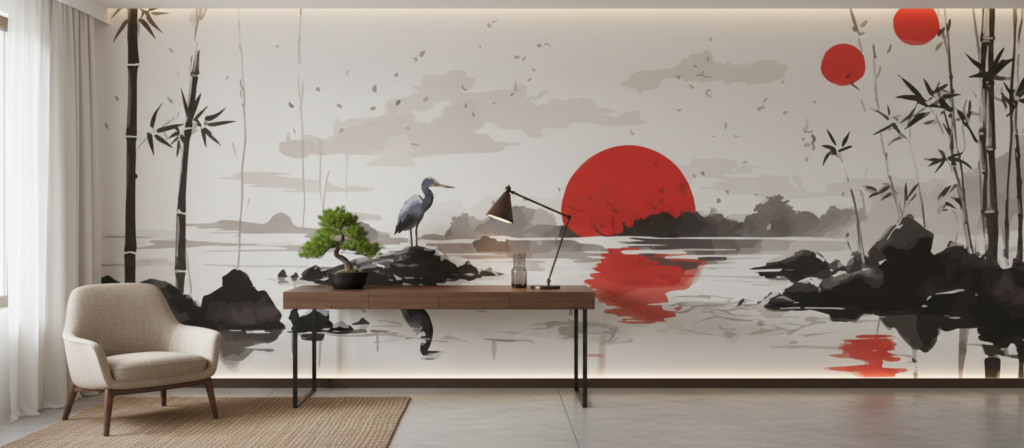 Papier peint paysage japonais zen avec héron et bambous - Bureau