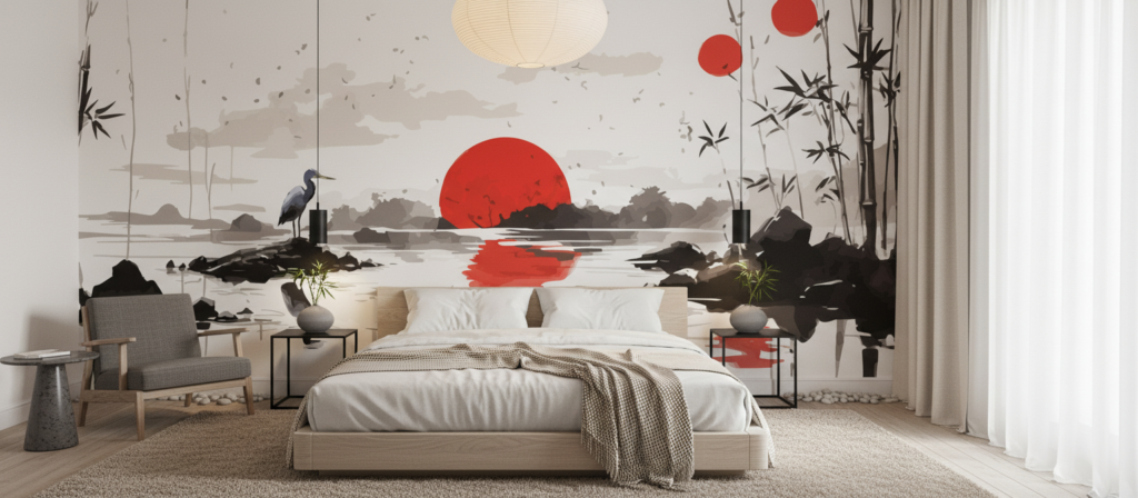 Papier peint paysage japonais zen avec héron et bambous - Chambre adulte