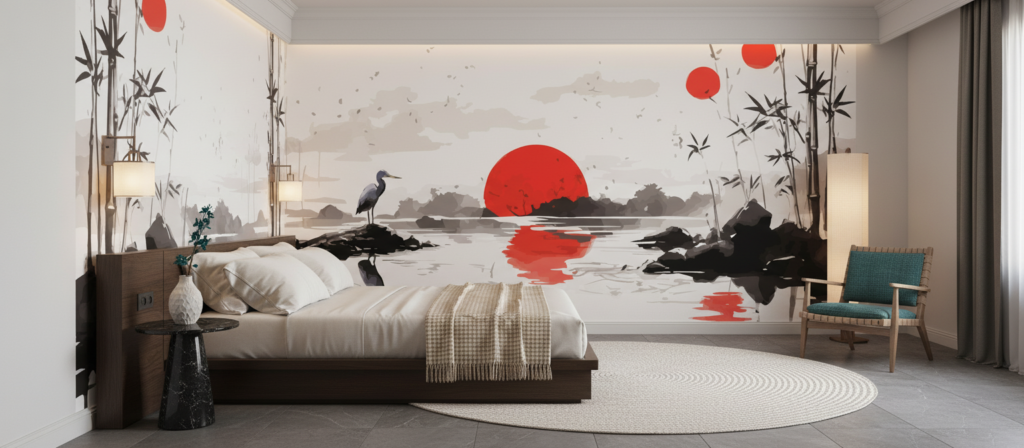 Papier peint paysage japonais zen avec héron et bambous - Hôtel