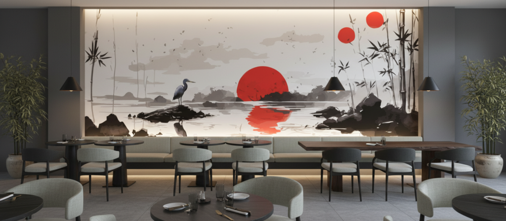 Papier peint paysage japonais zen avec héron et bambous - Restaurant