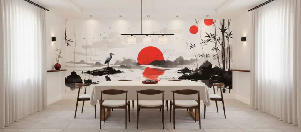 Papier peint paysage japonais zen avec héron et bambous - Salle à manger
