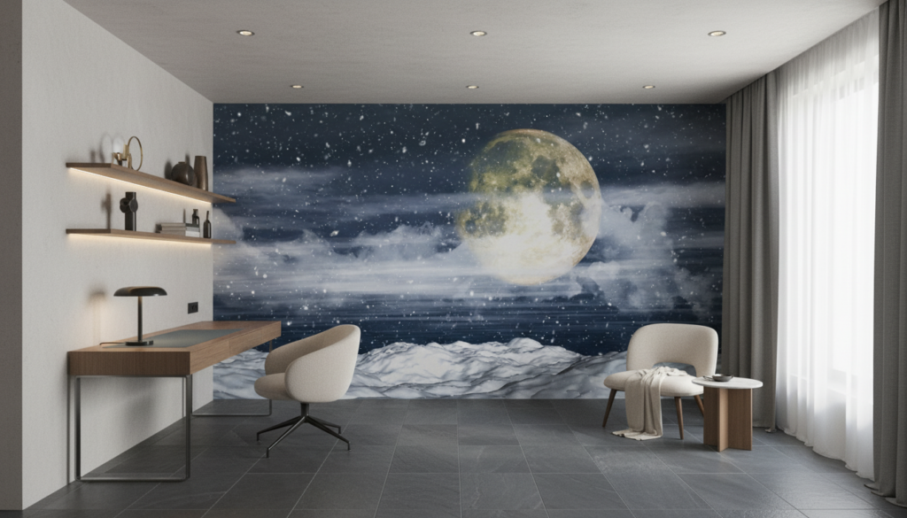 Papier Peint Paysage Lunaire Hivernal Avec Montagnes Enneigées - Bureau