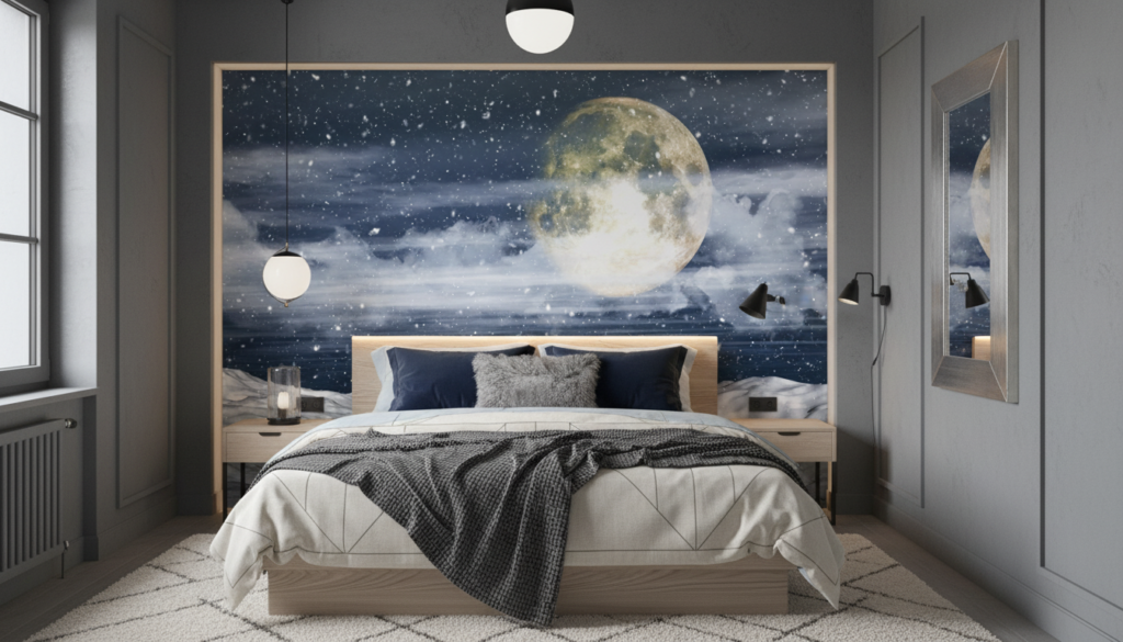 Papier Peint Paysage Lunaire Hivernal Avec Montagnes Enneigées - Chambre ado