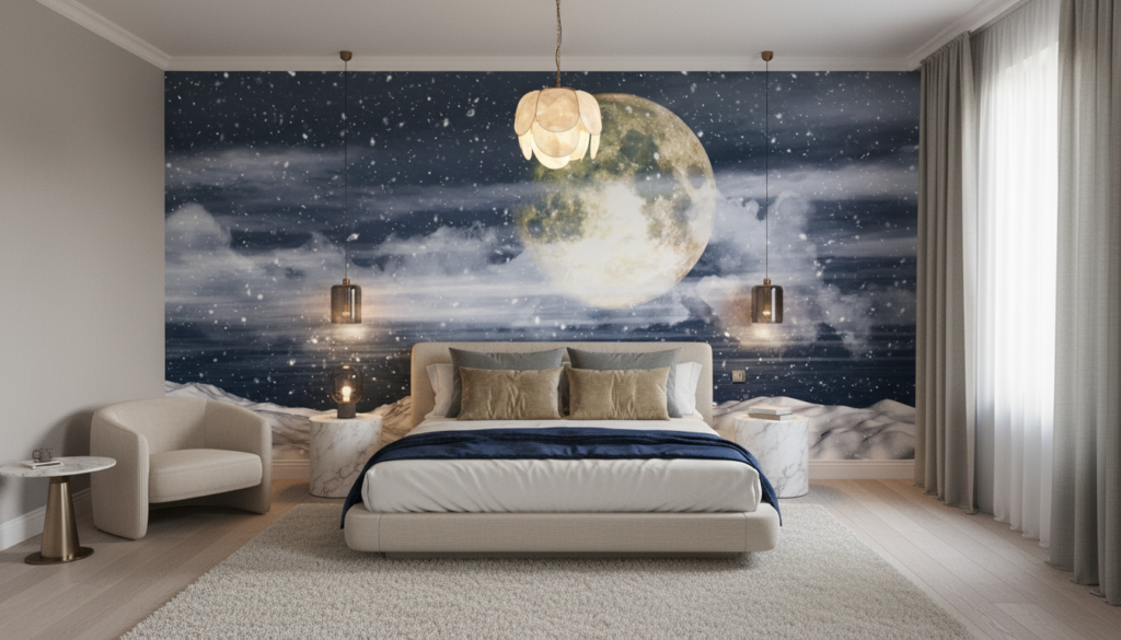 Papier Peint Paysage Lunaire Hivernal Avec Montagnes Enneigées - Chambre adulte