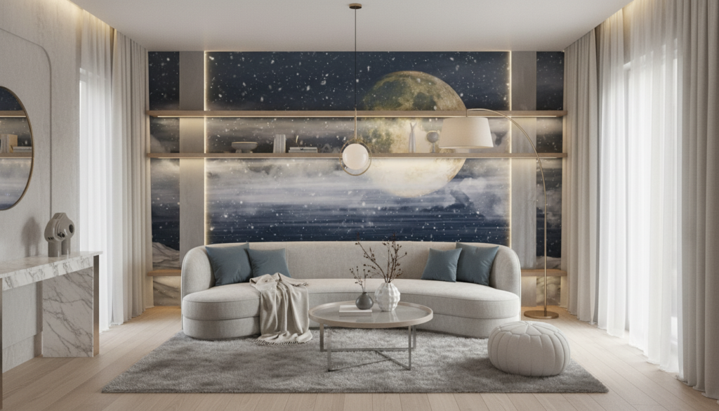 Papier Peint Paysage Lunaire Hivernal Avec Montagnes Enneigées - Salon / Séjour