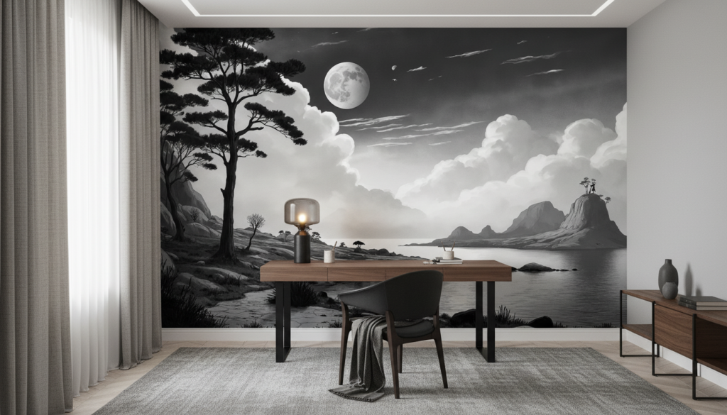 Papier Peint Paysage Lunaire Noir et Blanc Romantique Asiatique - Bureau