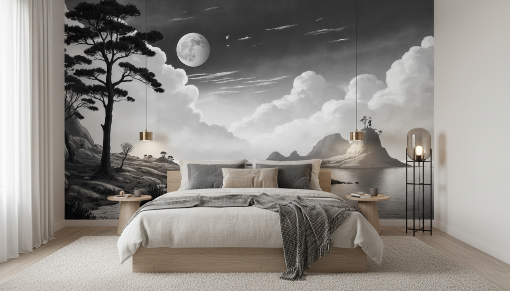 Papier Peint Paysage Lunaire Noir et Blanc Romantique Asiatique - Chambre adulte
