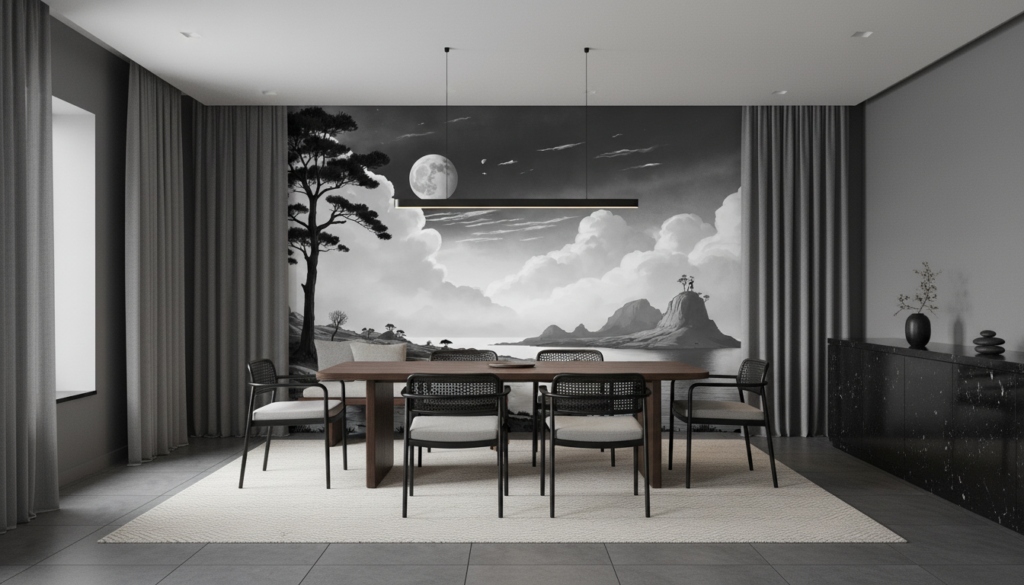 Papier Peint Paysage Lunaire Noir et Blanc Romantique Asiatique - Salle à manger