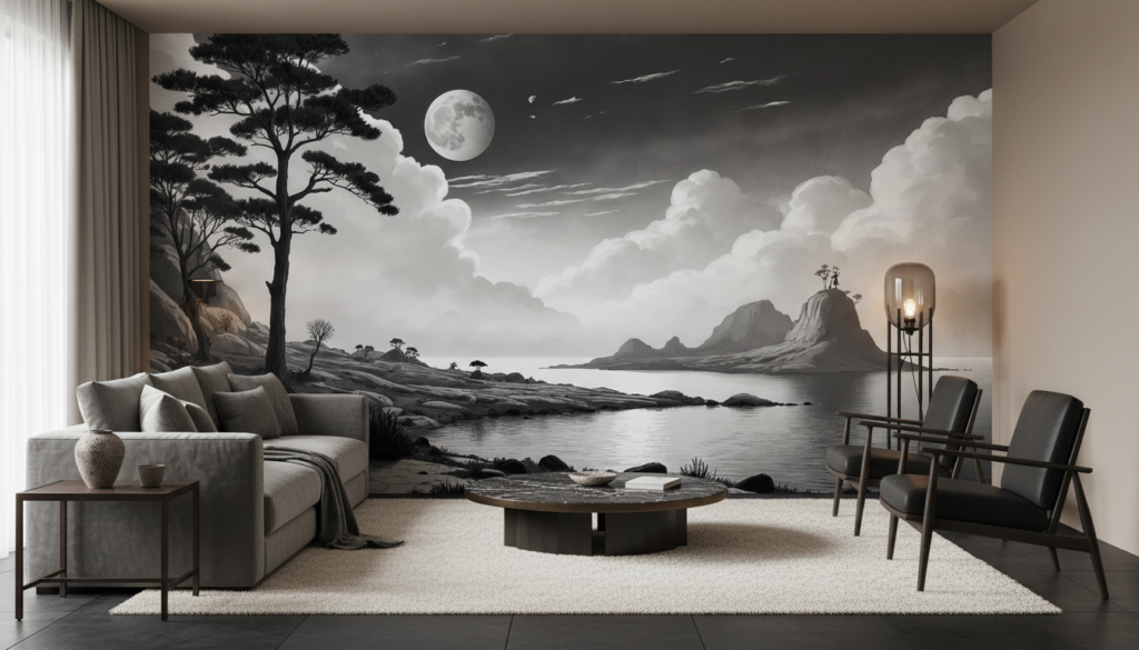 Papier Peint Paysage Lunaire Noir et Blanc Romantique Asiatique - Salon / Séjour