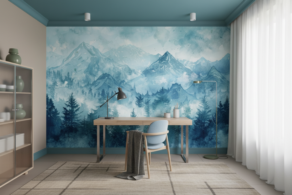 Papier Peint Paysage Montagneux Aquarelle Tons Bleus Apaisants - Bureau