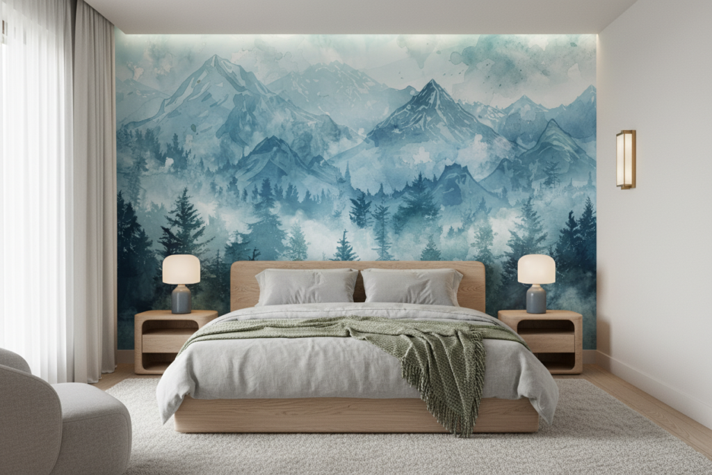 Papier Peint Paysage Montagneux Aquarelle Tons Bleus Apaisants - Chambre adulte