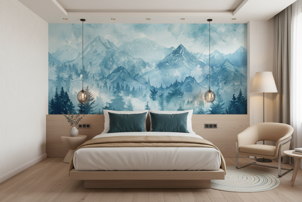 Papier Peint Paysage Montagneux Aquarelle Tons Bleus Apaisants - Hôtel