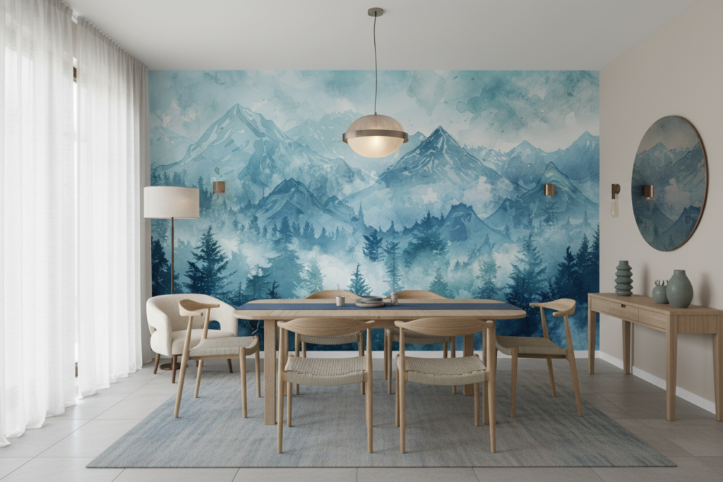 Papier Peint Paysage Montagneux Aquarelle Tons Bleus Apaisants - Salle à manger