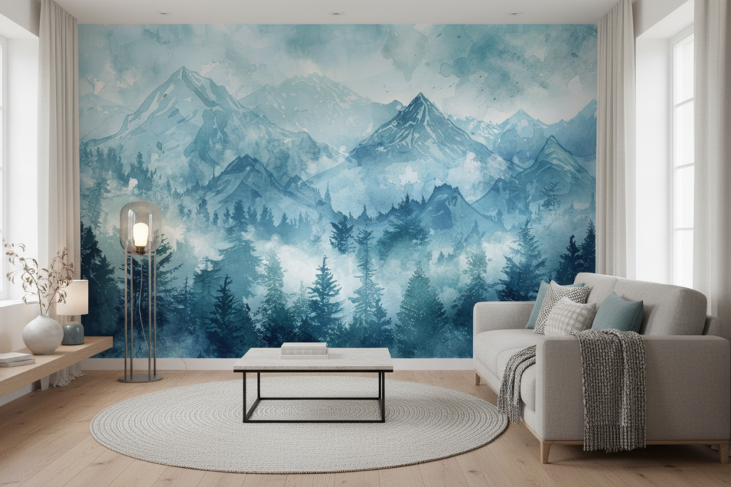 Papier Peint Paysage Montagneux Aquarelle Tons Bleus Apaisants - Salon / Séjour