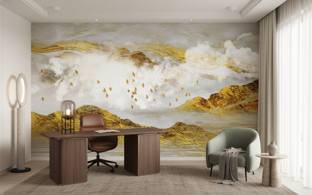 Papier peint paysage montagneux doré avec oiseaux en vol - Bureau