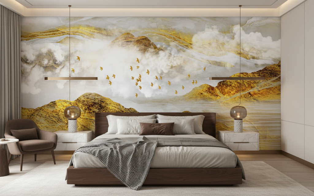 Papier peint paysage montagneux doré avec oiseaux en vol - Chambre adulte