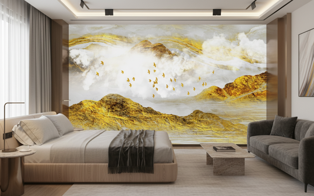 Papier peint paysage montagneux doré avec oiseaux en vol - Hôtel