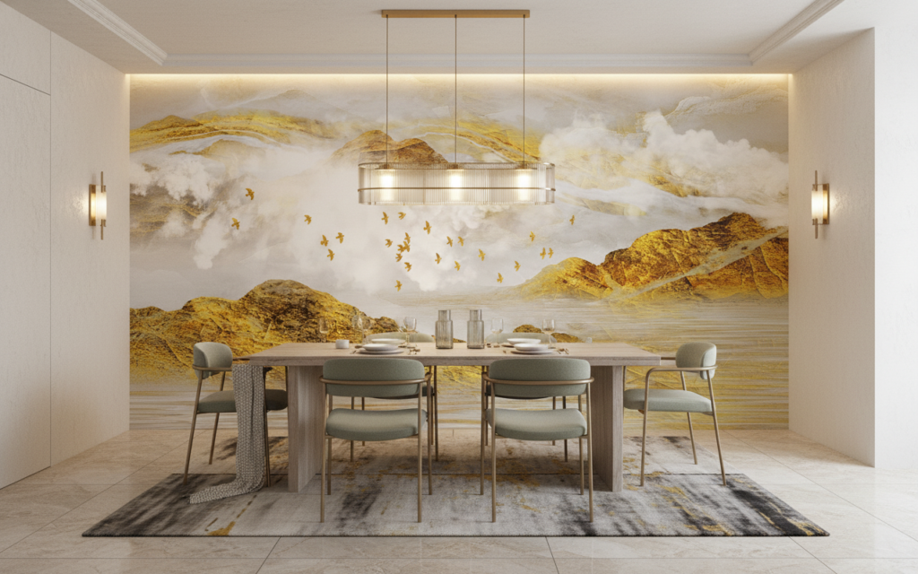 Papier peint paysage montagneux doré avec oiseaux en vol - Salle à manger