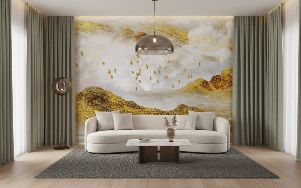 Papier peint paysage montagneux doré avec oiseaux en vol - Salon / Séjour