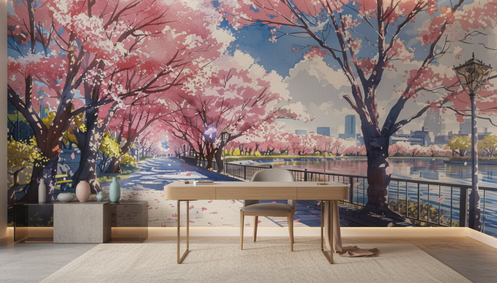 Papier peint paysage urbain cerisiers en fleurs rose romantique - Bureau