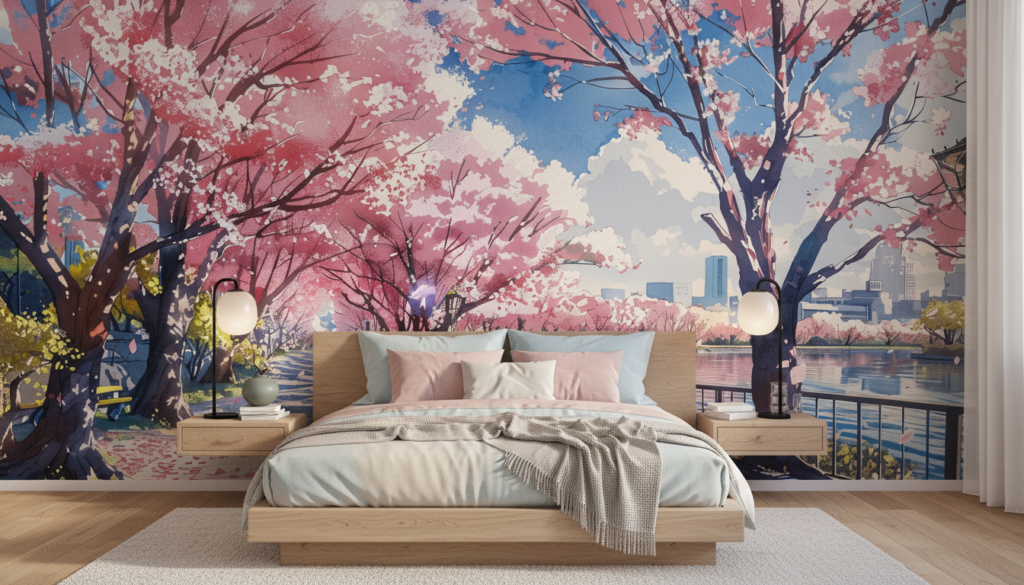Papier peint paysage urbain cerisiers en fleurs rose romantique - Chambre adulte