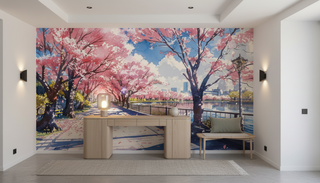 Papier peint paysage urbain cerisiers en fleurs rose romantique - Entrée