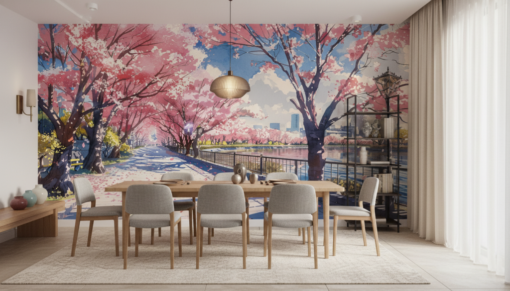 Papier peint paysage urbain cerisiers en fleurs rose romantique - Salle à manger