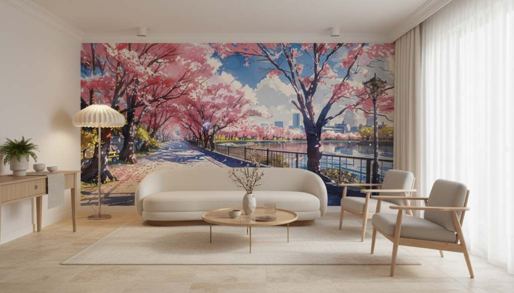 Papier peint paysage urbain cerisiers en fleurs rose romantique - Salon / Séjour