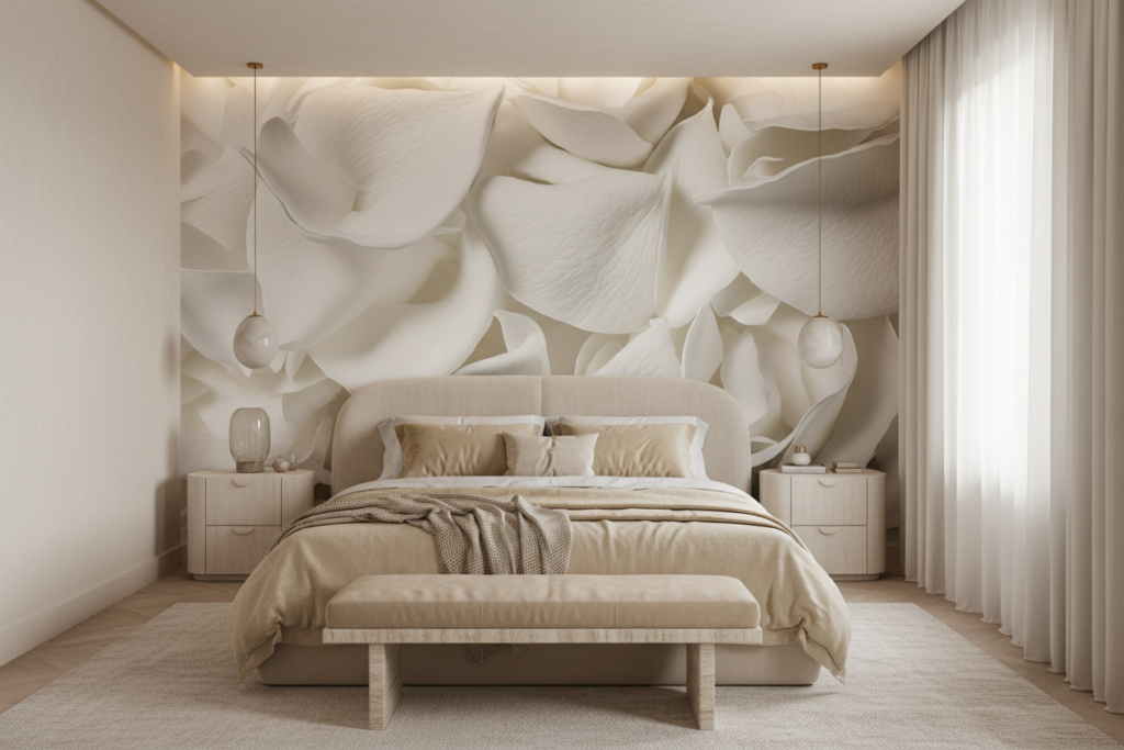 Papier Peint Pétales de Fleurs Blanches Délicates et Romantiques - Chambre adulte