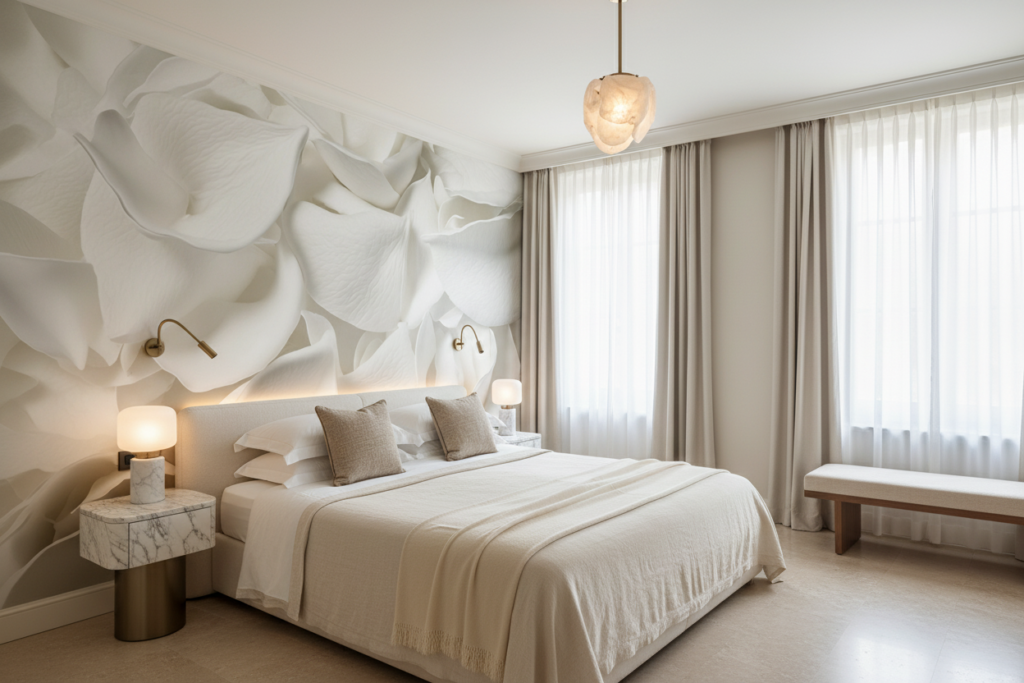 Papier Peint Pétales de Fleurs Blanches Délicates et Romantiques - Hôtel