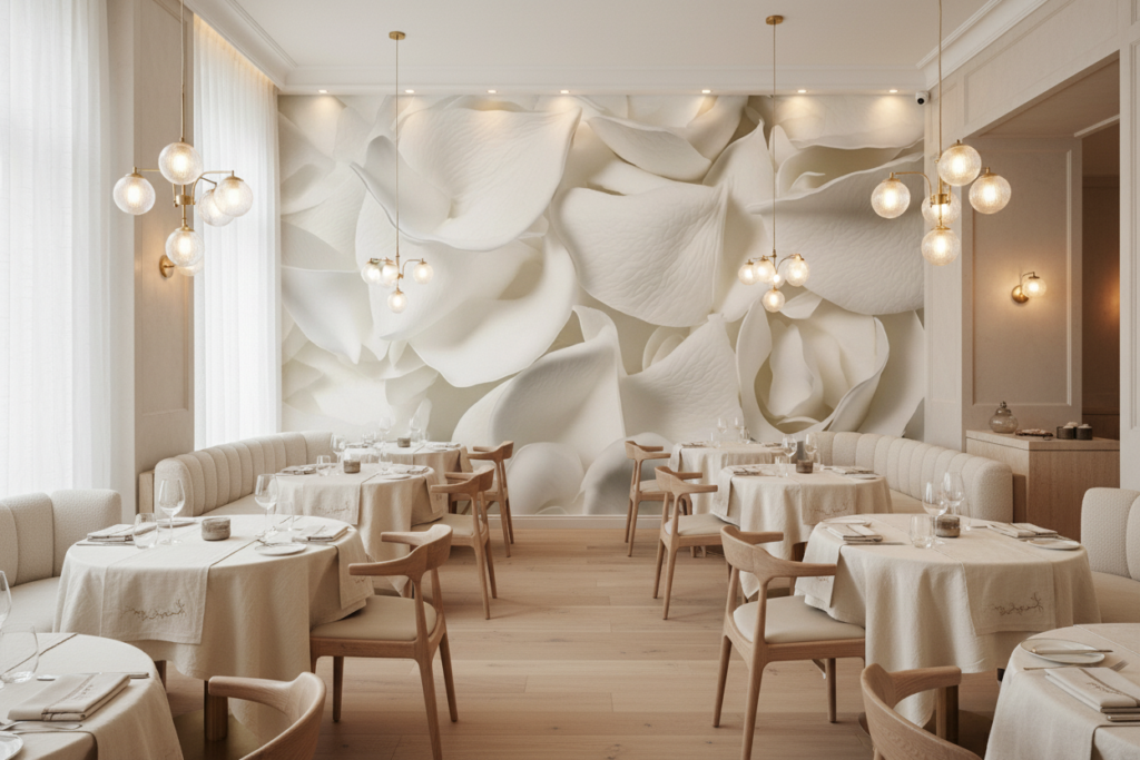 Papier Peint Pétales de Fleurs Blanches Délicates et Romantiques - Restaurant