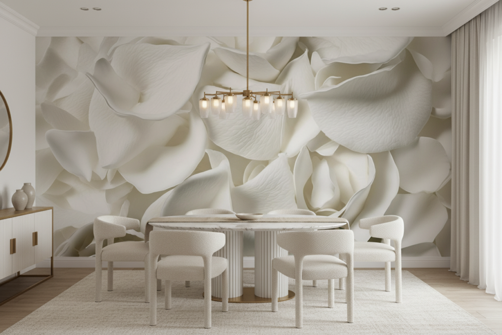 Papier Peint Pétales de Fleurs Blanches Délicates et Romantiques - Salle à manger