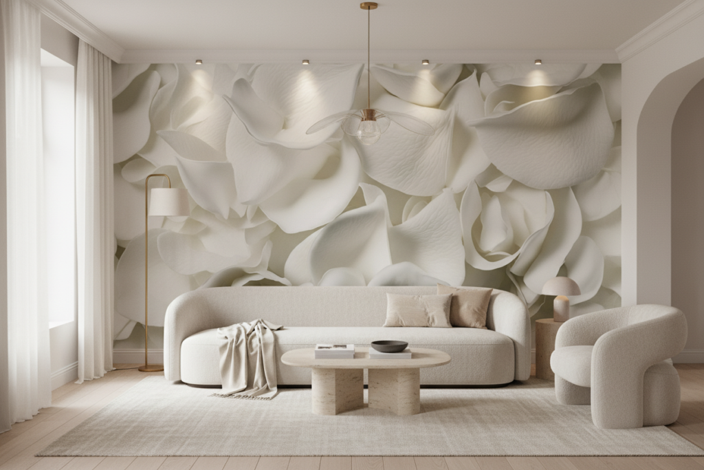 Papier Peint Pétales de Fleurs Blanches Délicates et Romantiques - Salon / Séjour