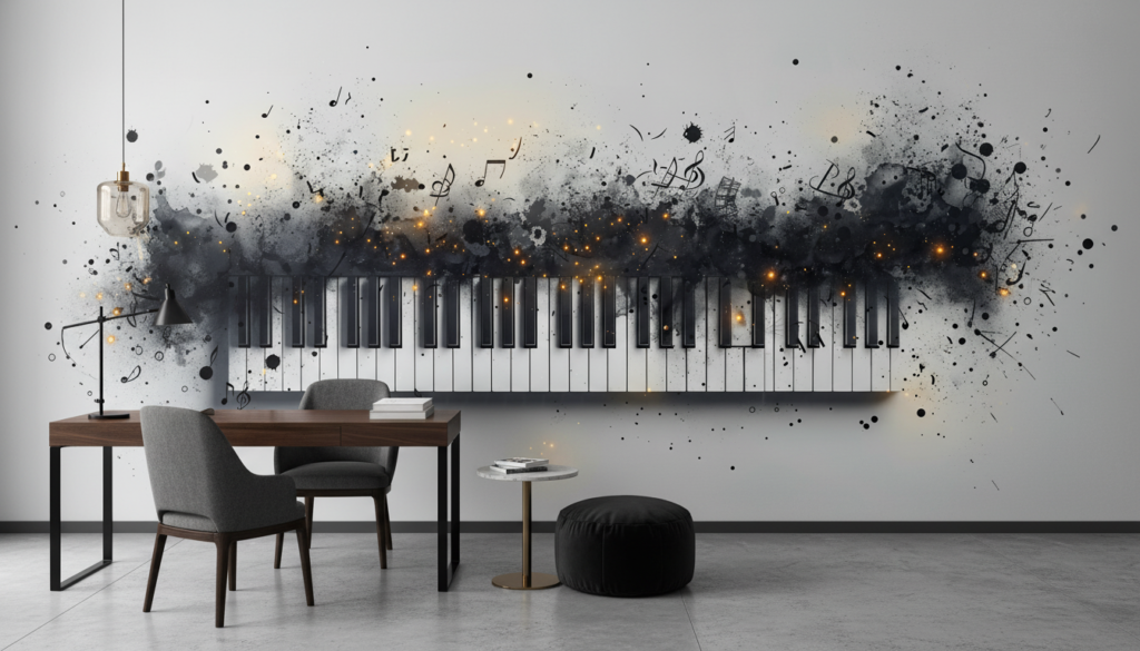 Papier peint piano artistique avec notes de musique et effet aquarelle - Bureau