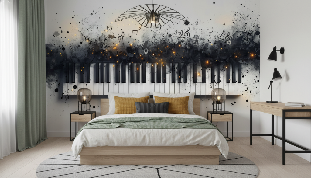 Papier peint piano artistique avec notes de musique et effet aquarelle - Chambre ado