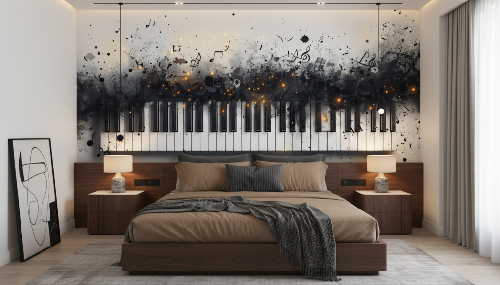 Papier peint piano artistique avec notes de musique et effet aquarelle - Chambre adulte