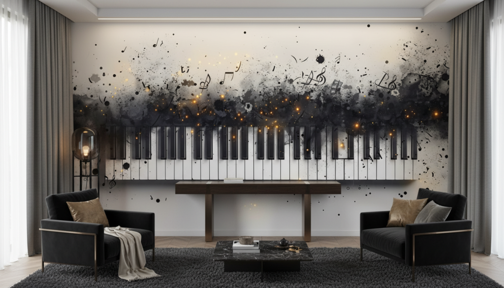 Papier peint piano artistique avec notes de musique et effet aquarelle - Salon / Séjour