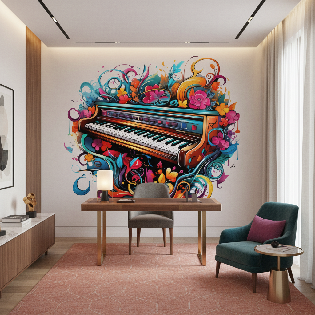 Papier peint piano vintage avec explosion florale multicolore artistique - Bureau