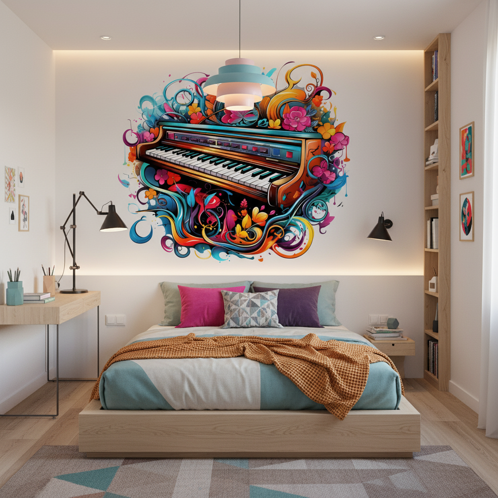 Papier peint piano vintage avec explosion florale multicolore artistique - Chambre ado