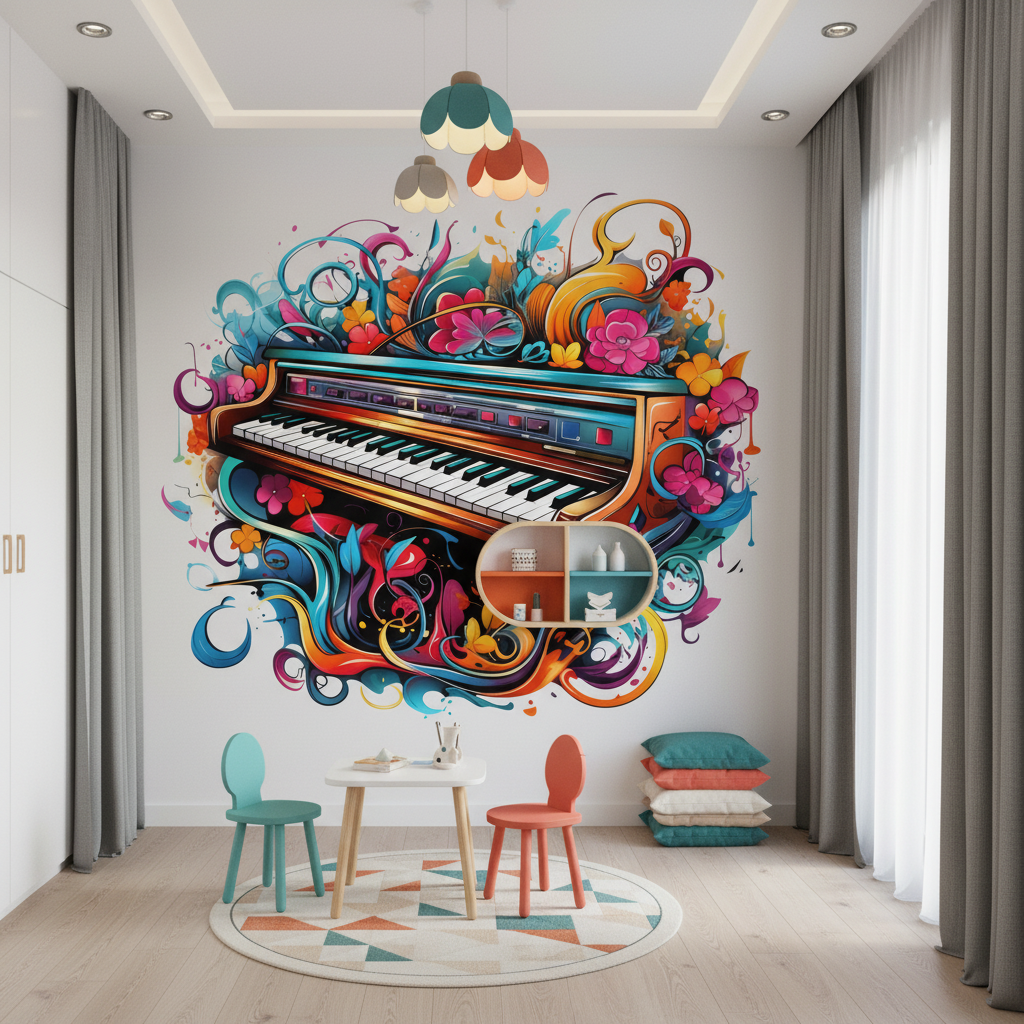Papier peint piano vintage avec explosion florale multicolore artistique - Espace enfant (pro)