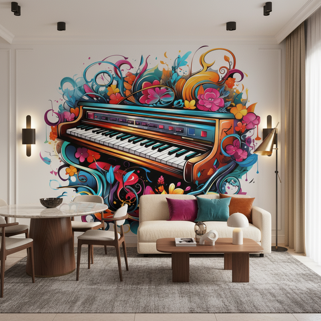 Papier peint piano vintage avec explosion florale multicolore artistique - Salon / Séjour