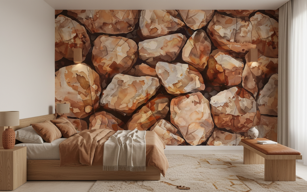 Papier Peint Pierre Naturelle Effet Galets Sculptés Aquarelle - Chambre adulte