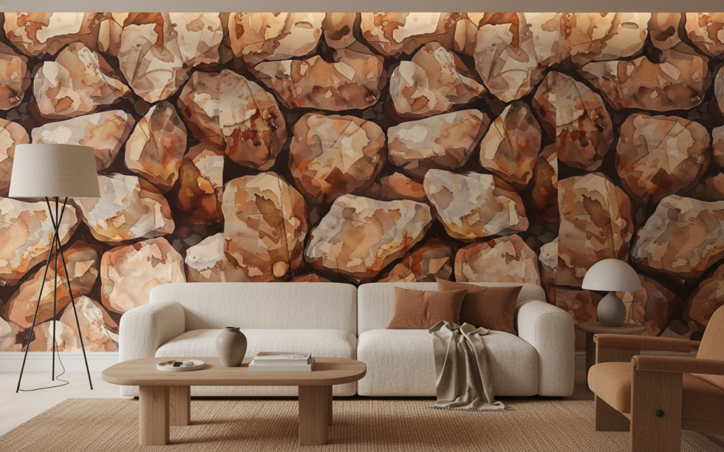 Papier Peint Pierre Naturelle Effet Galets Sculptés Aquarelle - Salon / Séjour