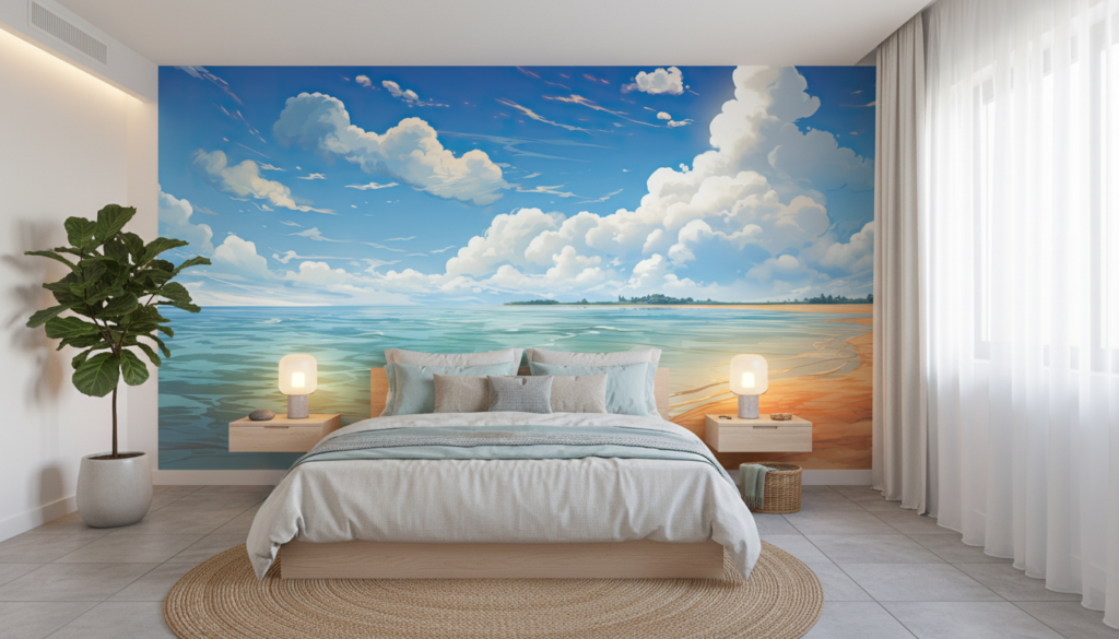 Papier Peint Plage Tropicale Ciel Bleu Nuages Blancs Ocean - Chambre adulte